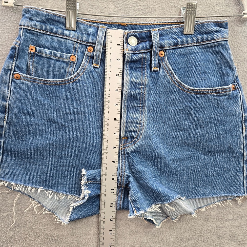 Levi's 501 Shorts W26 Blue Denim Cut Off Button Fly Cotton Elastane Logo - Picture 5 of 10